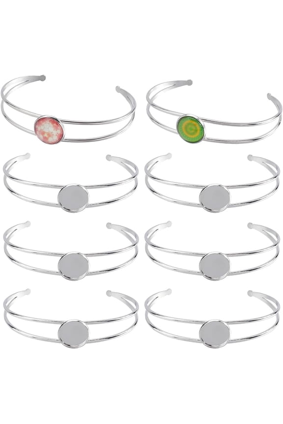 8Pcs Cabochon Bangles Adjustable Blank Bangle Silver Metal 304 Stainless Steel Expandable Cuff Round Cabochons Bezel Blank Tray Base Bangle for Bracelet Jewelry Making DIY Crafts Accessories