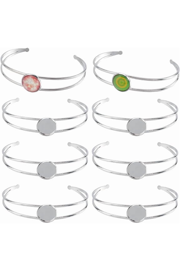 8Pcs Cabochon Bangles Adjustable Blank Bangle Silver Metal 304 Stainless Steel Expandable Cuff Round Cabochons Bezel Blank Tray Base Bangle for DIY Bracelet Jewelry Making DIY Crafts Accessories