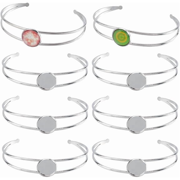 8Pcs Cabochon Bangles Adjustable Blank Bangle Silver Metal 304 Stainless Steel Expandable Cuff Round Cabochons Bezel Blank Tray Base Bangle