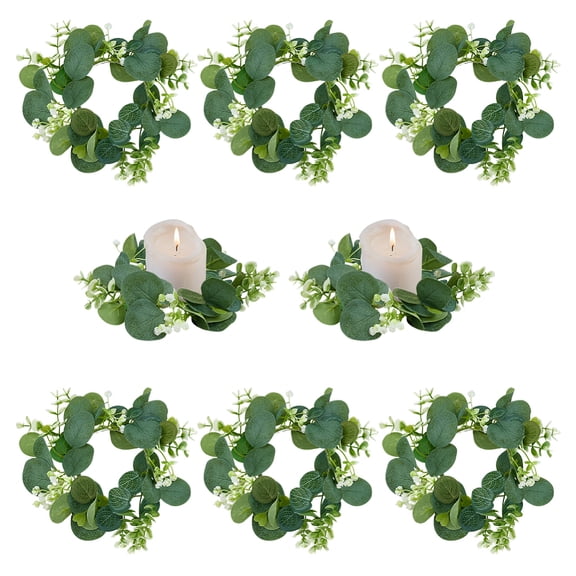 8Pcs Candle Rings 4.3 Inch Artificial Eucalyptus Leaves Wreaths Candle Rings Wreath Pillar Candleholders Decorative Candles Wreaths