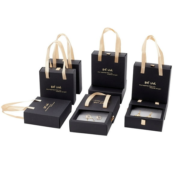 8Pcs Cardboard Paper Drawer Gift Boxes with Black Sponge Inside & Rope Handle for Jewelry Set Packaging Square with Word Best Wish Black