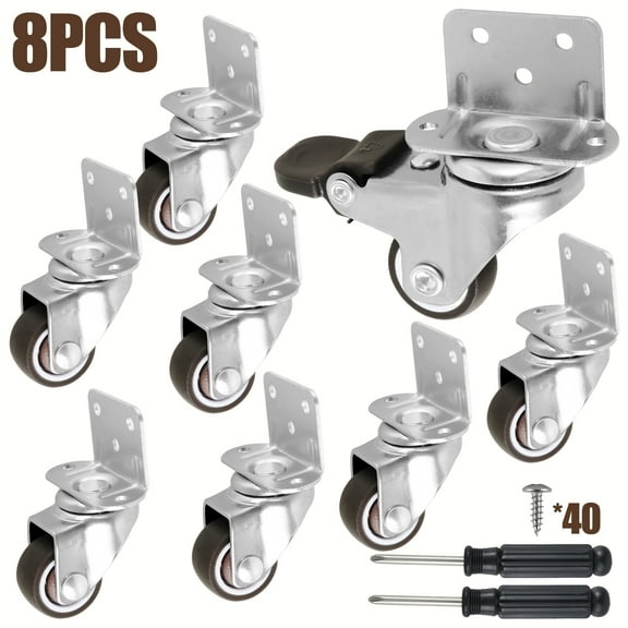 8Pcs Caster Wheels,1inch L ShapedSoft Rubber Side Mount Caster Wheel 90° Right Angle Furniture Swivel Castor with Brake 10kg Load Capacity for Cabinet