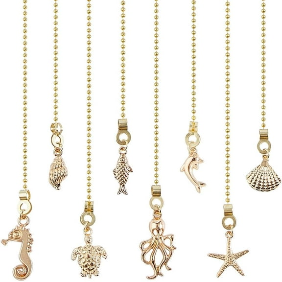 8Pcs Ceiling Fan Pull Chains Alloy Ocean Theme Pull String Extenders Golden Light Pulls Extension Chain Sea Animal Pulls Chain Pendant with Connector for DIY Fan Wall Lamp Home Decor