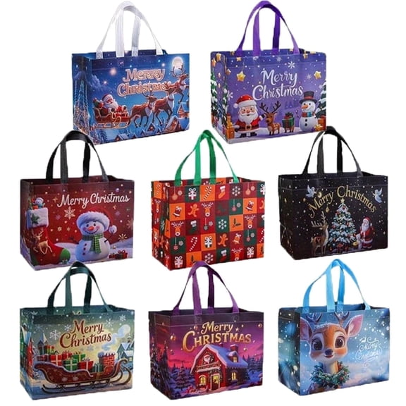 8Pcs Christmas Bags with Handles, Reusable Non-Woven Gift Tote Christmas Goodie Bags for Party Supplies,13×10×6.6inch