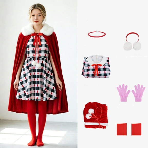 8Pcs Christmas Cindy Dress Set, Holiday Fancy Dress, Cindy Role Play Outfit, Cindy Cosplay, Womens Cindy Lou Who Costume Adult Christmas Plaid Dress With Red Velvet Cape Santa Dress Up, XXL