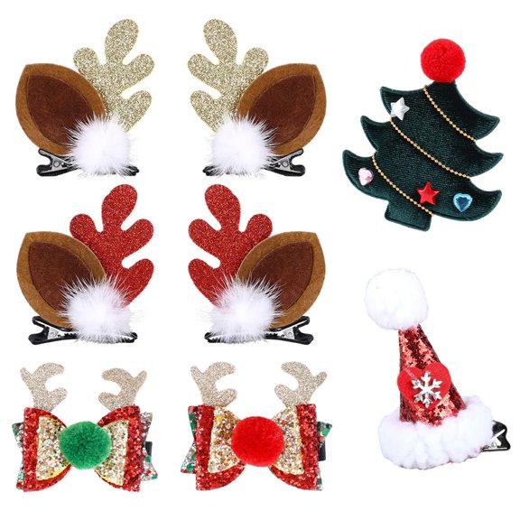 8Pcs Christmas Party Hair Clips Wool Cloth Xmas Tree Sparkle Mini Hat Hair Accessories Glitter Cute Bowknot Head Clip