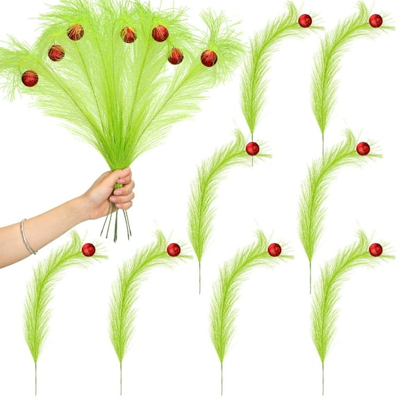 8Pcs Christmas Tree Topper 17'' Curly Stems Lime Green Curly Xmas Tree Pick Elf Ornaments Stems for Christmas Tree Topper Home Office Wreath Craft Decorations, Green and Red