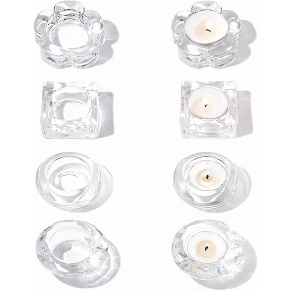 8Pcs Clear Glass Candle Plates 4 Style Candle Holders Flower Shaped Round Square Candle Trays for Table Centerpiece Wedding Party Home Decor for DIY