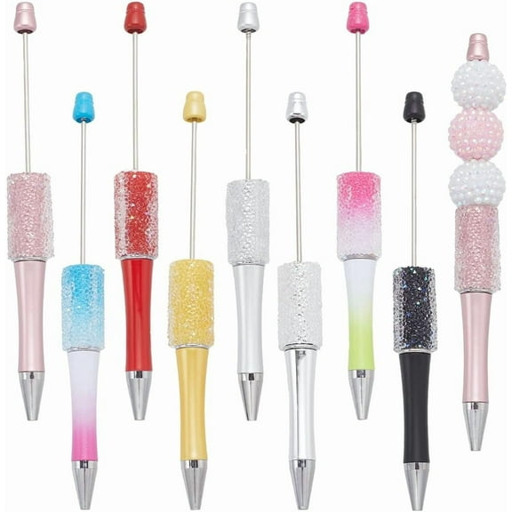 8Pcs Colorful Beadable Pens Plastic Bead Pen Bulk Assorted Bling Diamond Rhinestone Beaded Ballpoint Retractable Creative Gem Beads Pens Set