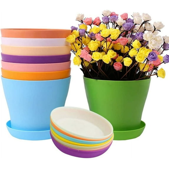 8Pcs Colorful Plastic Flower Pots Plastic Mini Nursery Pots Small Thick Plastic Plant Pots Nursery Seedling Planter Garden Flower Pot Container with Pallet/Trays for Flower, Succulent, Cactus