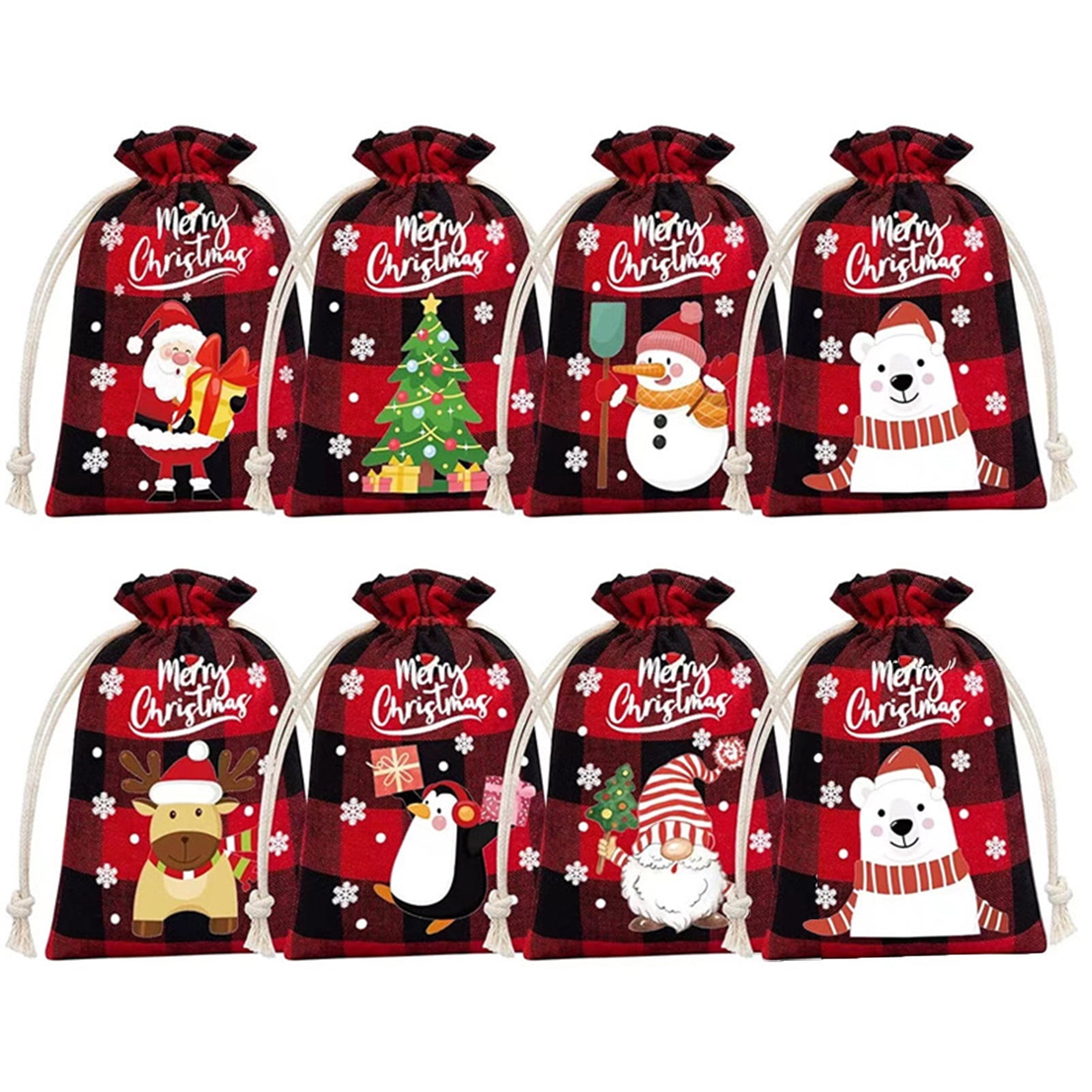 8Pcs Cotton Christmas Drawstring Bags, Buffalo Plaid Xmas Gift Bags