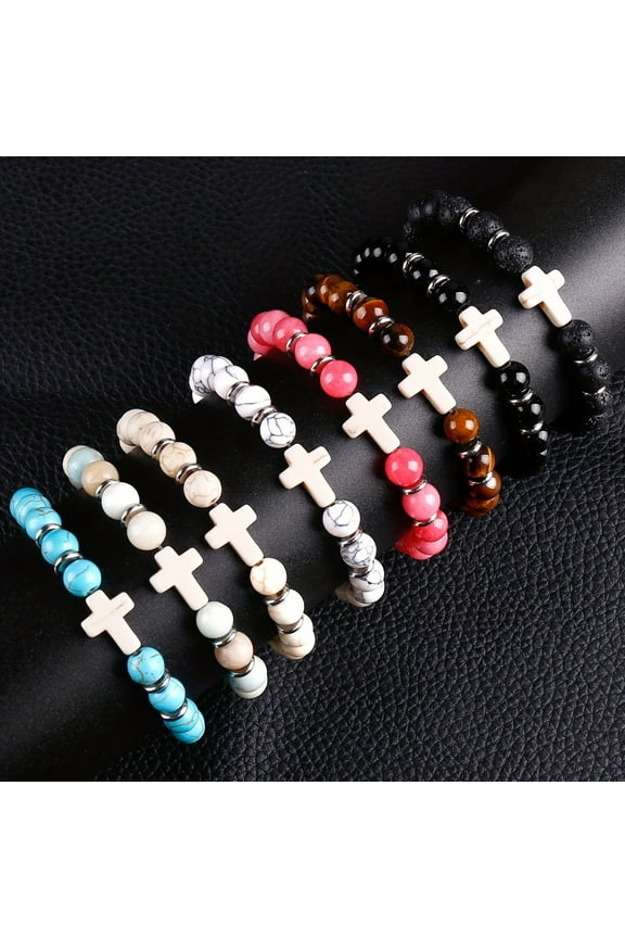 8Pcs Cross Charm Beaded Bracelets BFF Gift Couple Bracelet God Bless you