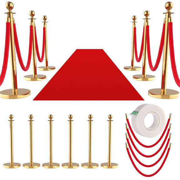 8Pcs Crowd Control Stanchion with 26FT Extended Red Carpet Silver Stanchion Posts Queue with 6pcs 5 ft Red Velvet Rope, Rope Barriers Crowd Control Barriers Queue Line