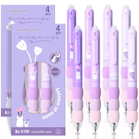 8Pcs Cute Purple Erasable Pens Aesthetic Retractable Erasable Gel Pens Cartoon Erasable Gel Ink Pens 0.5mm Black Ink - Retractable, Office Home Supplies