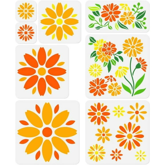 8Pcs Daisy Flower Wall Stencil Templates Reusable Plastic Floral Pattern Stencils DIY