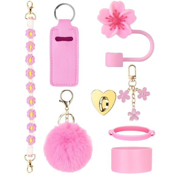 8Pcs Decorative Flower Cup Accessory Set Unique Cup Adornment Collection with Flower Feature, Straw Top & Cozy Grip