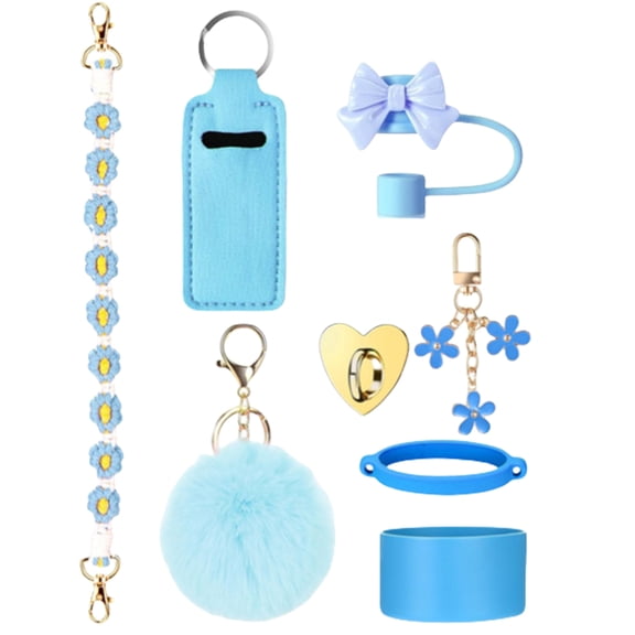 8Pcs Decorative Picnics Cup Accessory Pack Fun Party Cup Decorating with Flower Designs, Straw Caps, Sleeve & Chain