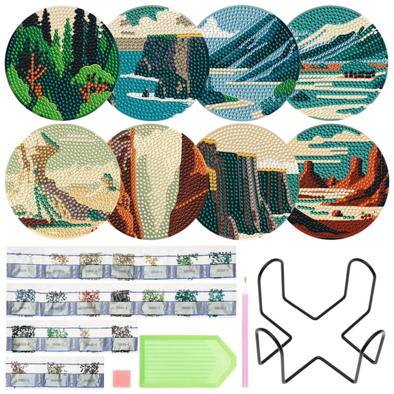 8Pcs Diamond Art Cup Mat Set 3.86 Inch Landscape Pattern DIY Diamond Painting Coaster Set Drink Pad with Holder DIY Craft Supplies Set for Beginner Adult Craft Lover