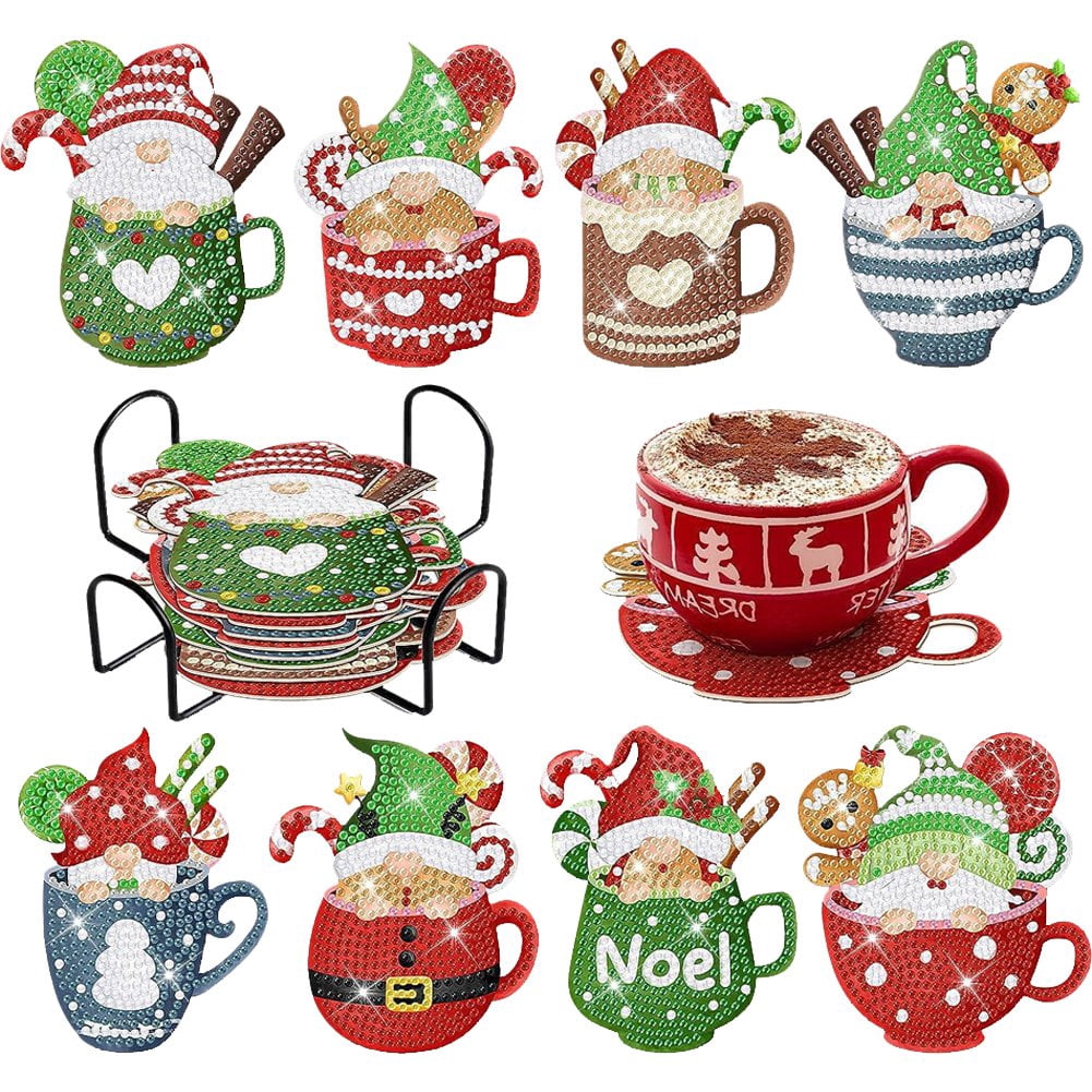 8Pcs Diamond Painting Coasters Christmas Santa Claus Diamond Acrylic Coasters with Holder Diamond Art Cup Coasters for Christmas Party