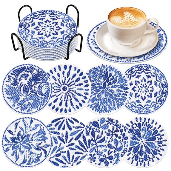 8Pcs Diamond Painting Coasters with Holder, DIY Cork Base Coaster Diamond Art Kitsfor Beginners, Adults Small Diamond Painting Kit Art Craft Supplies