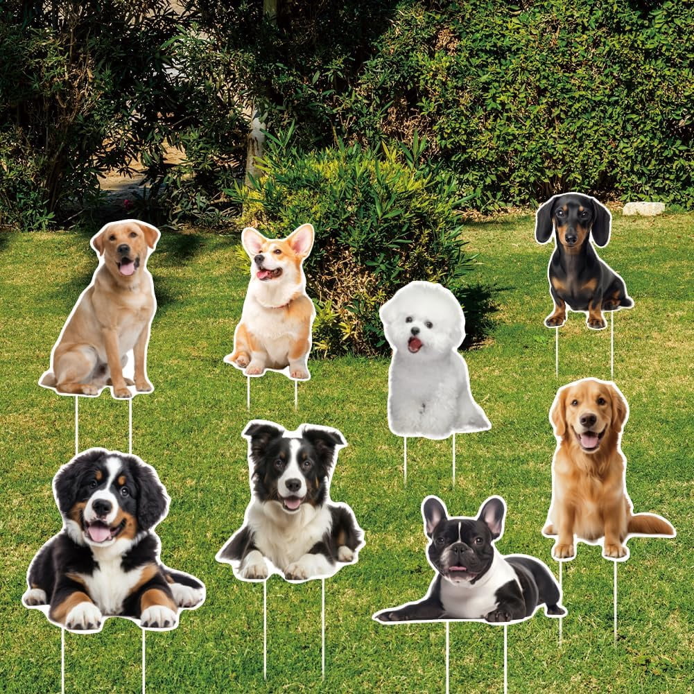 8Pcs Dog Yard Sign with 16 Stakes Cute Dog Party Lawn Decorations Animal Theme Party Waterproof Sign Yard Outdoor Lawn Decorative Sign