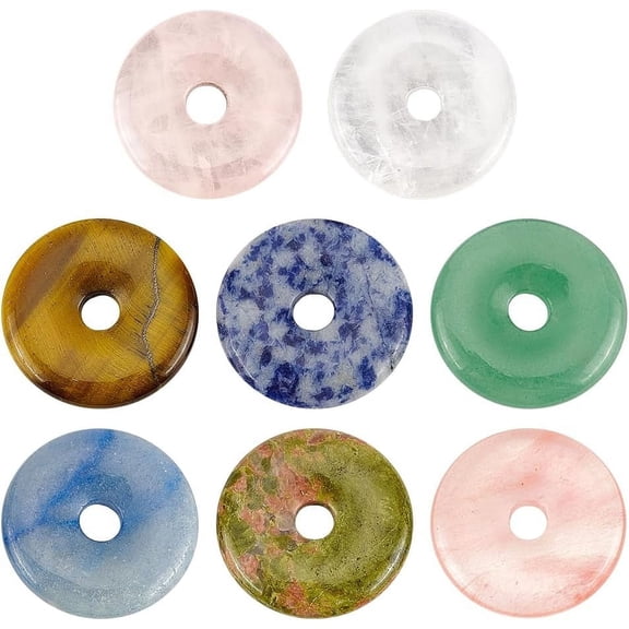 8Pcs Donut Natural Stone Pendants Gemstone Donut Charms Flat Round Stone Beads Pendants (Hole: 6mm/0.2inches) for Jewelry Making DIY Necklace Accessory Gift Party Stainless Steel ColorDIY