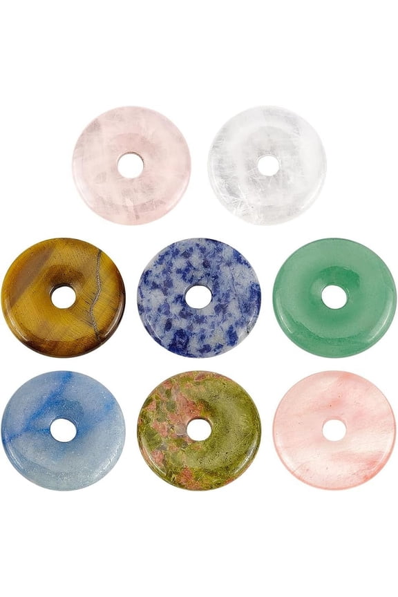 8Pcs Donut Natural Stone Pendants Gemstone Donut Charms Flat Round Stone Beads Pendants (Hole: 6mm/0.2inches)
