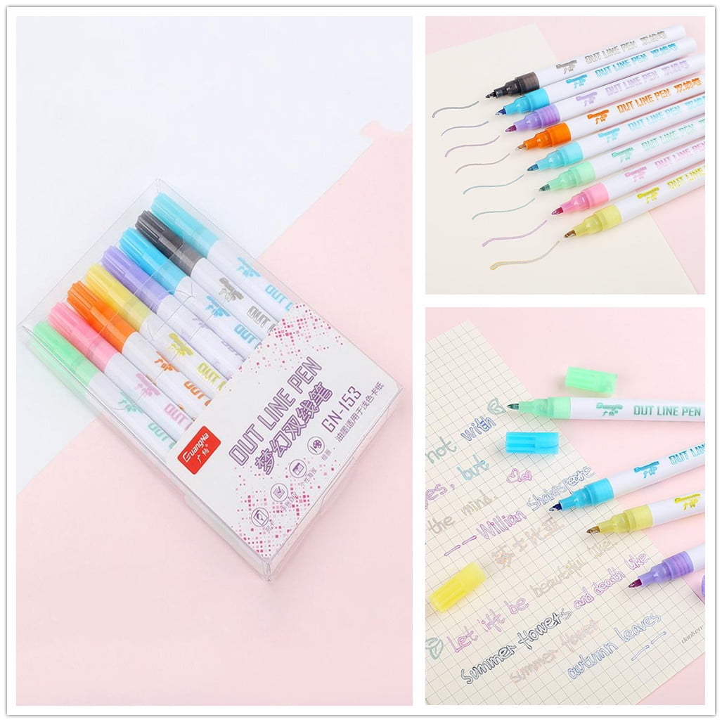 8Pcs Double Line Outline Markers – Glitter Markers & Outline Markers Metallic, Metallic Outline Markers, Double Line Markers for DIY Valentine's Day Bouquets