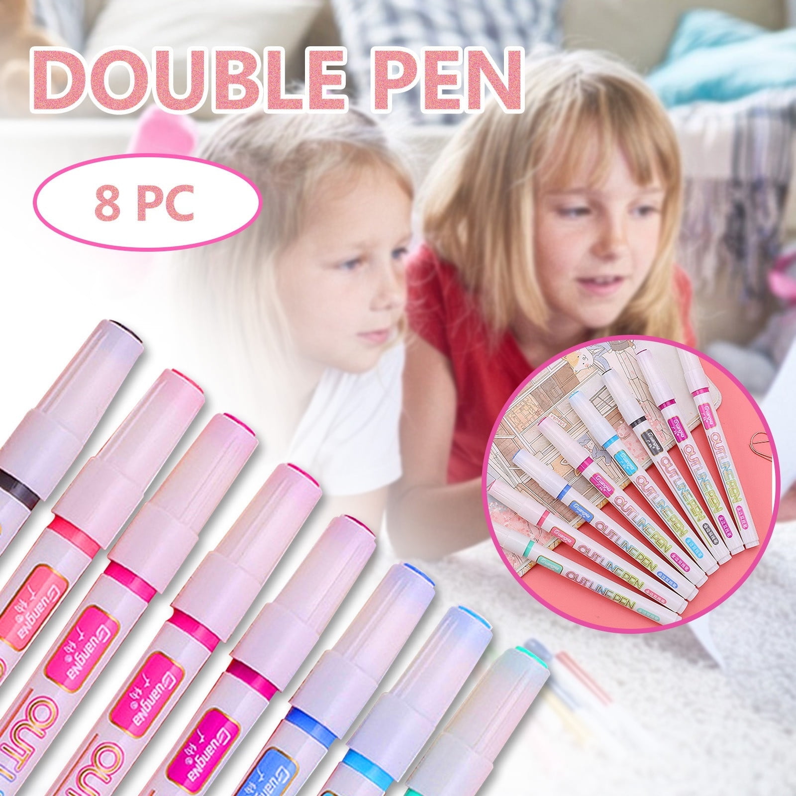 8Pcs Double Line Outline Markers – Shimmer Markers & Glitter Gel Pens, Outline Pens Metallic, Glitter Pens for Creative Art Projects and Easter Crafts