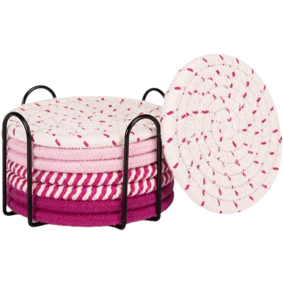 8Pcs Drink Coasters With Holder Woven Coaster Set Heat-Resistant Coasters Tabletop Protection Accessories for Home Decor