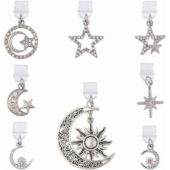 8Pcs Dust Plug Charms Bulk Moon Star Type-C Charging Port Charm Cell Phone Charm Plug Cover for DIY Earphone PVC Dust Plugs with Alloy Charms for DIY Cellphone