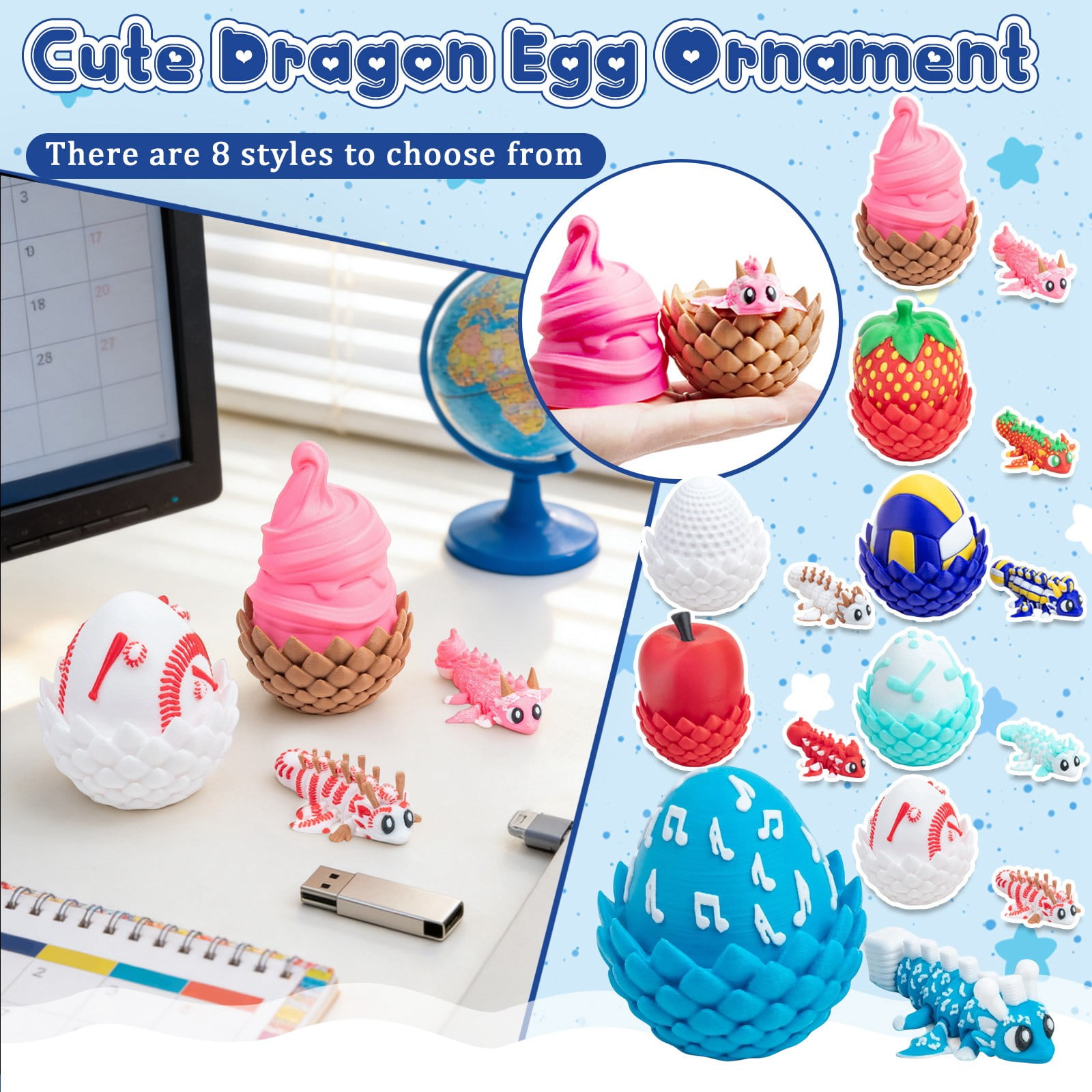8Pcs Easter 3D Egg with Winged Dragon Toys, Perfect Birthday Christmas Easter Gifts, Easter Basket Stuffers