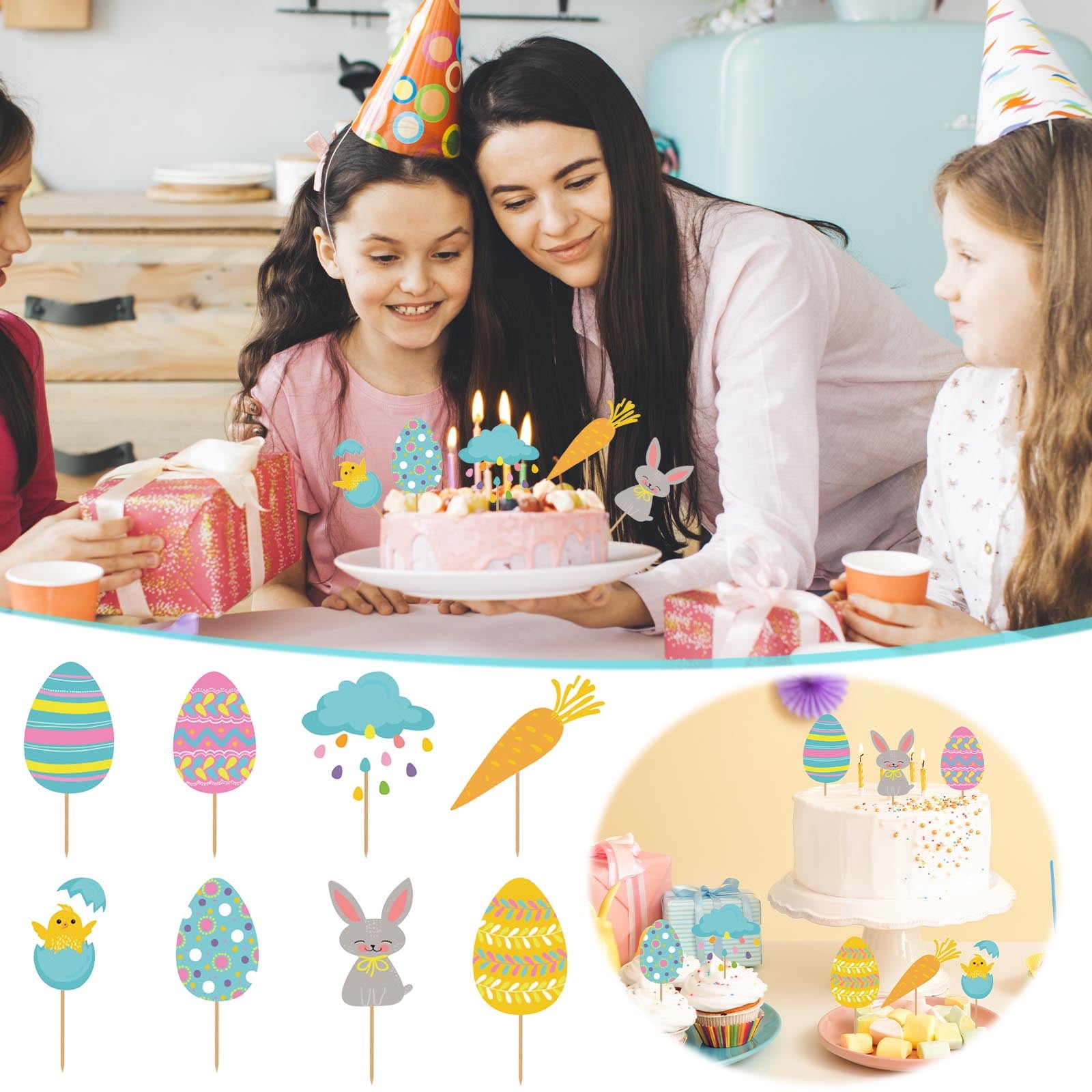 8Pcs Easter Bunny Egg Cupcake Toppers, Glitter Easter Day Cake Toppers for Easter Theme Spring Birthday Baby Shower Party Supplies