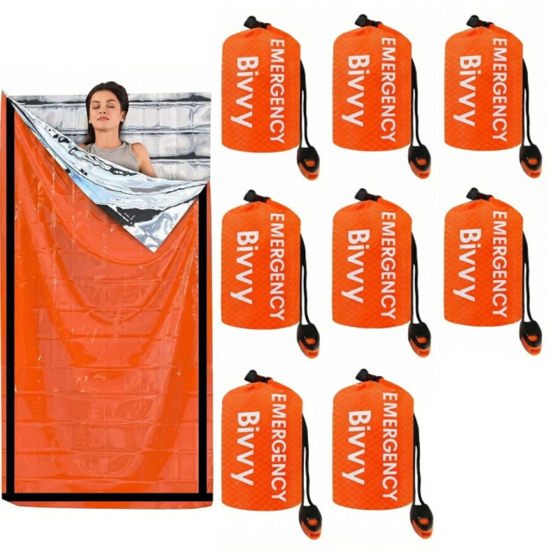 8Pcs Emergency Sleeping Bag Survival Bivy Sack, Lightweight Thermal Mylar Blanket Waterproof Windproof, Compact Outdoor Emergency Shelter Gear for Camping Hiking Backpacking Preparedness, Orange
