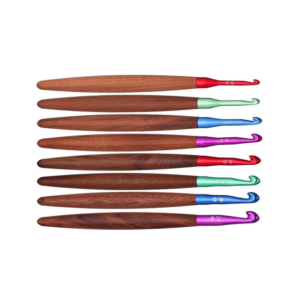 8Pcs Ergonomic Wood Handle Crochet Hook 3.0-7.0mm Aluminium Crochet Needle for Sweater Scarves Knitting Crocheting