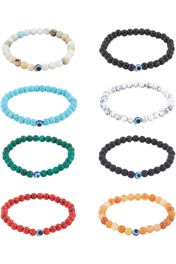 8Pcs Evil Eye Bracelets Colorful Elastic Chakras Gemstone Bracelets Round Beaded Stretch Bracelets Lava Stone Bracelet Good Luck Protection Amulet Jewelry for Women Men