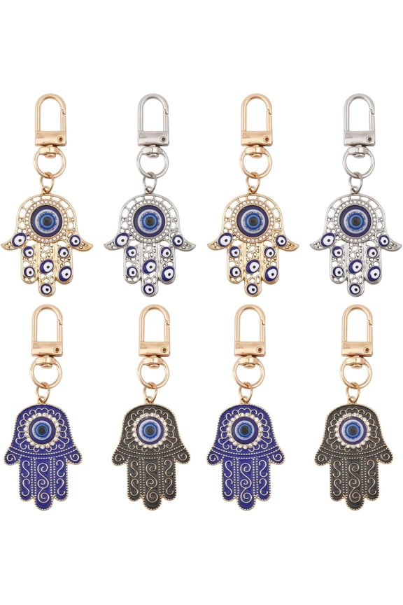 8Pcs Eye Pendant Keychain Hamsa Hand Keychain Eye Keychains for Car Keys Alloy Enamel Purse Charms Key Chain for Purse Handbags Wallet Backpack Car Key Decoration Colorful