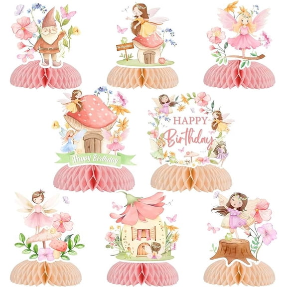 8Pcs Fairy Honeycomb Centerpieces Birthday Party Table Decorations, Pink Floral Fairy Garden Party Decors, Fairy Themed Table Centerpieces Happy Birthday Party Supplies for Girls
