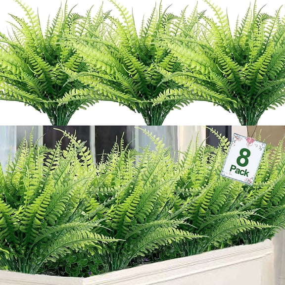 8Pcs Fake Boston Fern Artificial Plants and Greenery UV Resistant Fake Plants No Fade Faux Ferns for Outdoor Planter Large Artificial Ferns for Outdoors Indoor for House Garden Office Porch Window