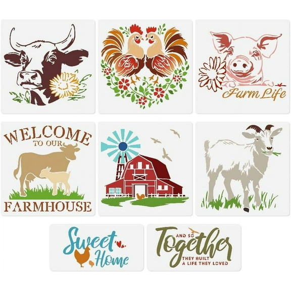 8Pcs Farmhouse Stencil Template Plastic Reusable Farm Animals Stencils for Painting on Walls Floors Wood Fabric Furniture Glass Multi-color DIY