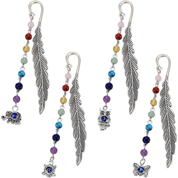 8Pcs Feather Bookmarks 7 Beads Metal Bookmarks Handmade Lampwork Bead Butterfly Elephant Tortoise Owl Feather Bookmark Bulk Metal Book Marks for Reading Teacher Student Gift