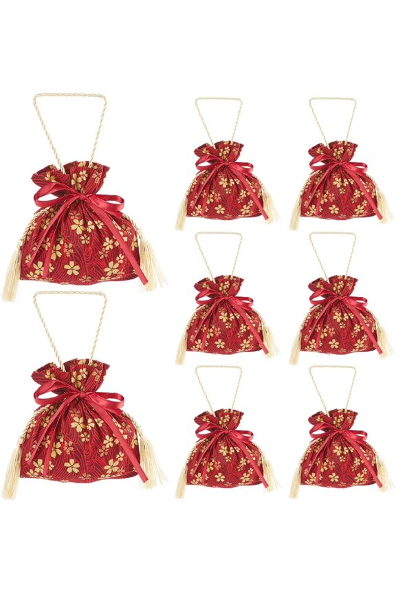 8Pcs Floral Small Gift Bag with Handles 5.9x6.4 Inch Red Flower Drawstring Candy Pouch Tea Party Favor Thank You Bags for Wedding Birthday Bridal Shower Engagement Party Supplies