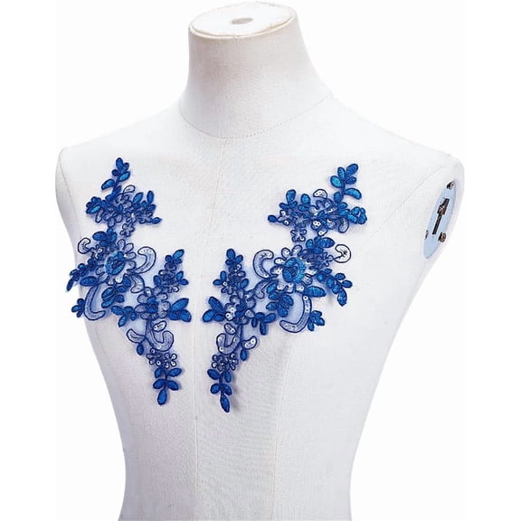 8Pcs Flower Embroidery Sequin Lace Applique Blue Polyester Floral Patch Sewing Craft Decoration Appliques Repair Patches for Wedding Dress Gown Bodice Costume Clothing Craft DIY