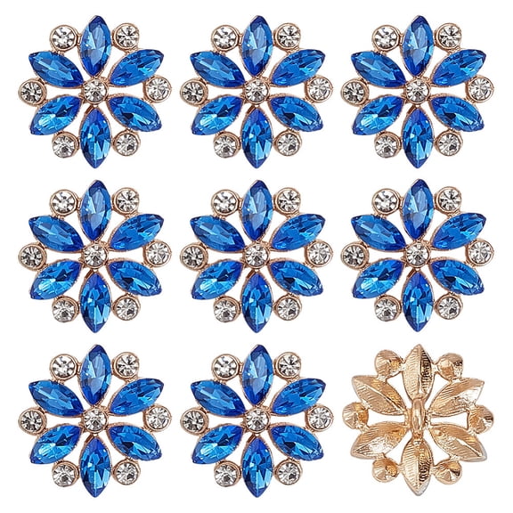 8Pcs Flower Sew on Rhinestone Alloy Glass Rhinestone Buttons Blue 20x20x8mm Hole: 2.5mm