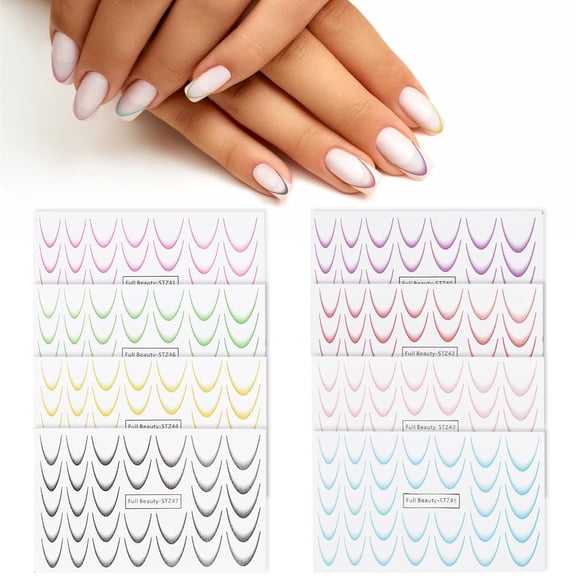 8Pcs French Tip Nail Art Stickers Self Adhesive Paper Colorful French Gradient Line 3D Nail Sliders Manicure Decals Accessories