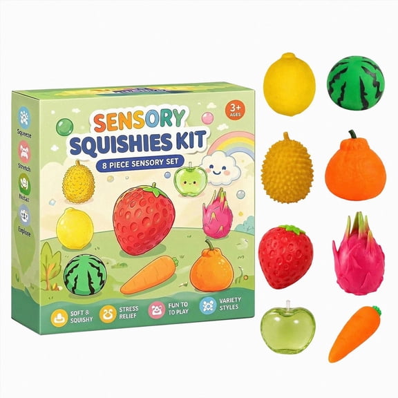 8Pcs Fruit Squishies Kit, Realistic Fruit Squeeze Fidget Toys, Soft Stretch Stress Relief Squishy Toy Set for Kids Adults Holiday Gift