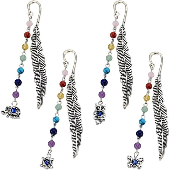 8Pcs Gemstone Beaded Bookmarks Feather Bookmarks with Handmade Evil Eye Lampwork Bead Pendant Bookamark Butterfly & Elephant & Tortoise & Owl 115x15x3mm