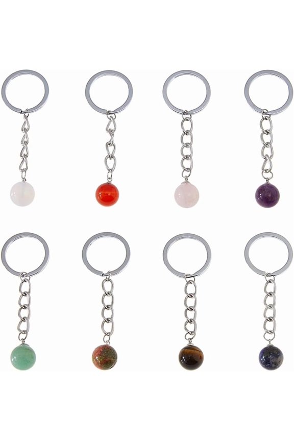 8Pcs Gemstone Keychain Natural Bead Keychain Round Quartz Pendants with Iron Key Rings