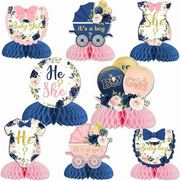 8Pcs Gender Reveal Honeycomb Centerpieces, Blue Pink He or She Baby Shower 3D Table Decorations - Boy or Girl Pregnancy Announcements Party Supplies