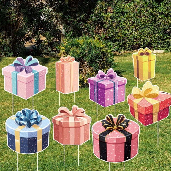 8Pcs Gift Boxes Yard Sign with 16 Stakes Gift Party Lawn Decorations Surprise Gift Waterproof Sign Yard Outdoor Lawn Decorative Sign for Garden Lawn Birthday Decoration Mixed Color